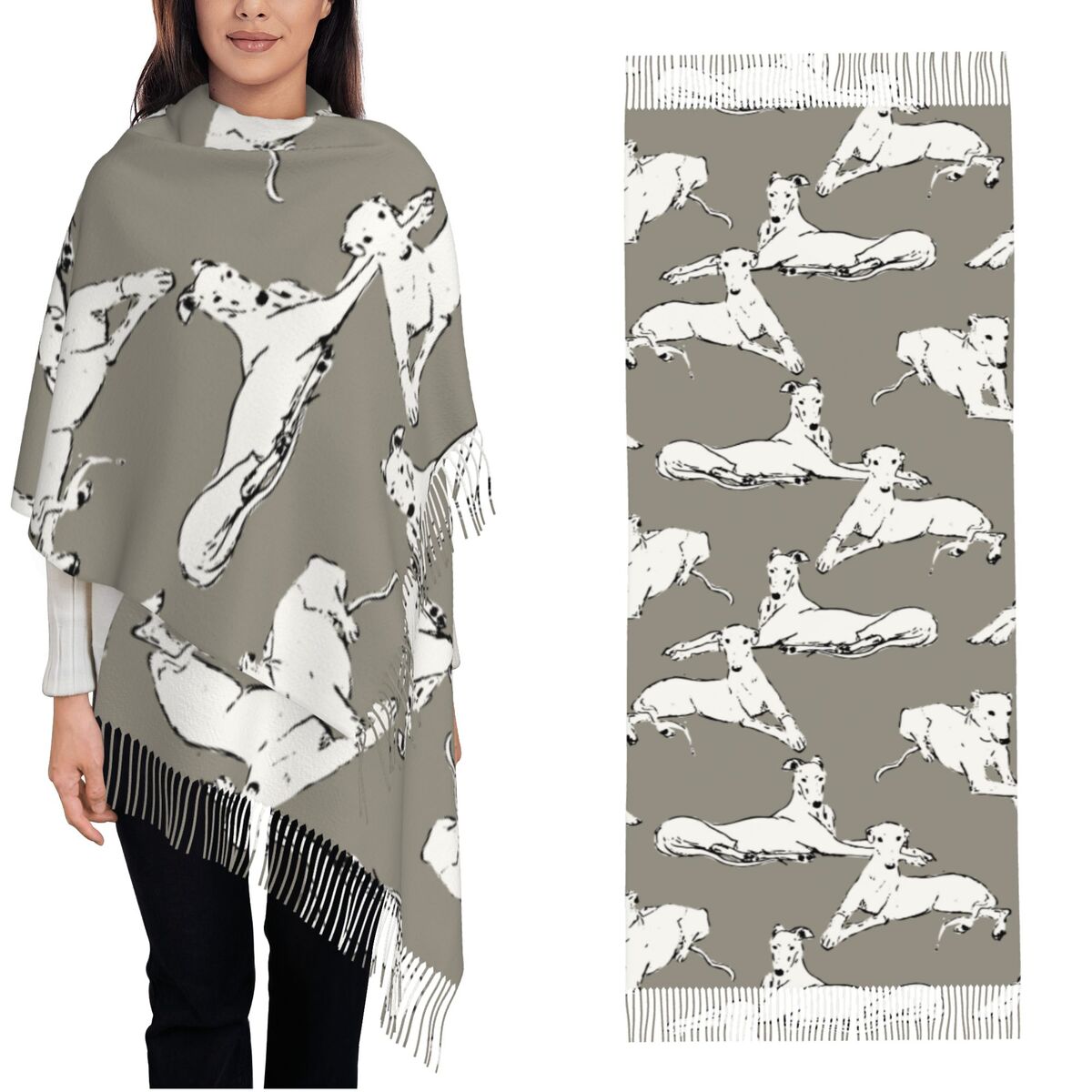 Pashmina Wrap Large - ผ้าพันคอพันธุ์เกรย์ฮาวด์และวิปเพ็ตสำหรับผู้หญิง ผ้าพันคอพัชมีนาสำหรับฤดูใบไม้ร่วงและฤดูหนาว ผ้าคลุมไหล่ลายสุนัขไซต์ฮาวด์ ผ้าพันคอผืนใหญ่สำหรับสุภาพสตรี