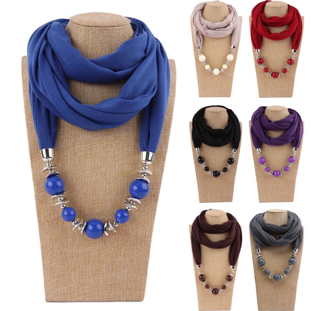 Infinity Scarf Knit - ผ้าพันคอชีฟองแฟชั่น ประดับลูกปัด สไตล์ชาติพันธุ์ ผ้าพันคออินฟินิตี้ สไตล์วินเทจ สีพื้น