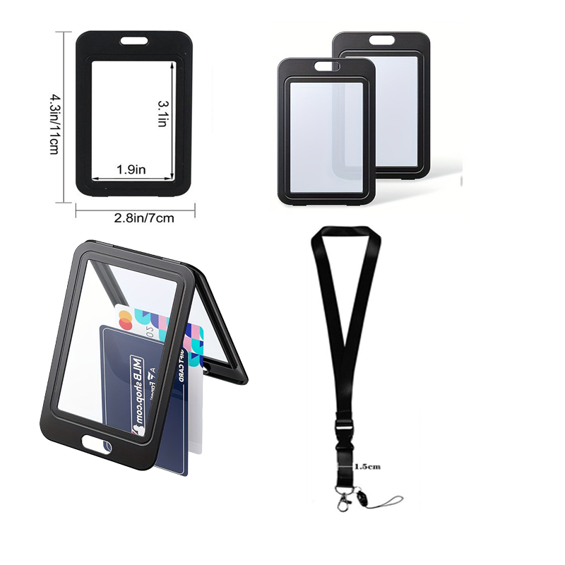 Lanyard Badge Holder - ที่ใส่บัตรพนักงานแบบพลาสติก 3 ชิ้น พร้อมสายคล้องคอแบบยืดหดได้ ที่ใส่บัตรพนักงานแบบโปร่งใสสองด้านสำหรับสำนักงาน