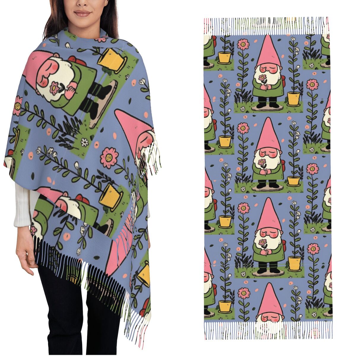 Pashmina Wrap Large - ผ้าคลุมไหล่ลายกู๊ดแมนในสวนเทพนิยายสำหรับผู้หญิง ผ้าพันคอขนาดใหญ่ยาว อุ่นสบาย ลายคริสต์มาส ผ้าพันคอพัชมีนา ผ้าพันคอพู่ห้อย