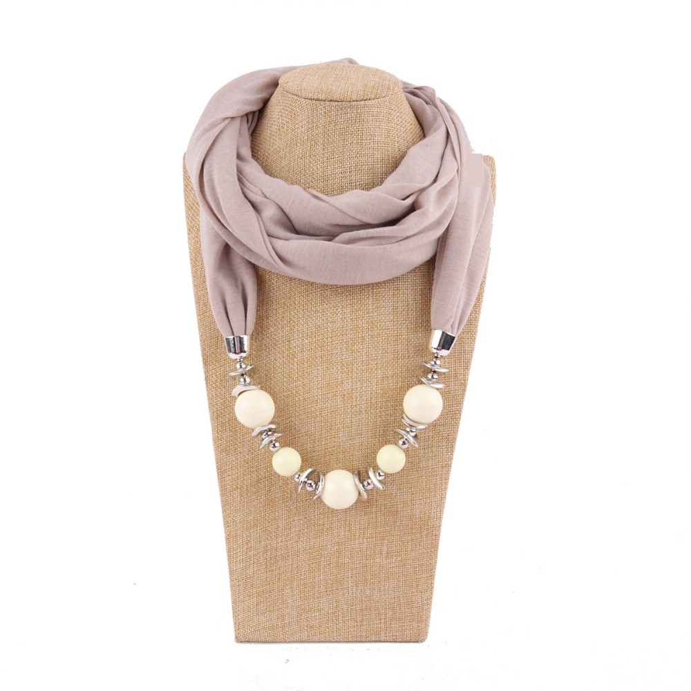 Infinity Scarf Knit - ผ้าพันคอชีฟองแบบใหม่ ประดับลูกปัด สีพื้น ผ้าพันคออินฟินิตี้ สไตล์ชาติพันธุ์ สไตล์วินเทจ