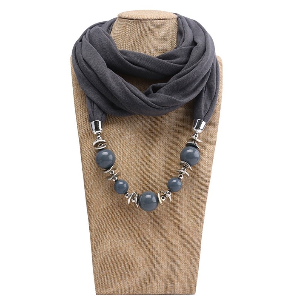 Infinity Scarf Knit - ผ้าพันคอชีฟองแฟชั่น พร้อมสร้อยคอ ผ้าพันคออินฟินิตี้สีพื้นประดับลูกปัด สไตล์ชาติพันธุ์ วินเทจ พร้อมจี้